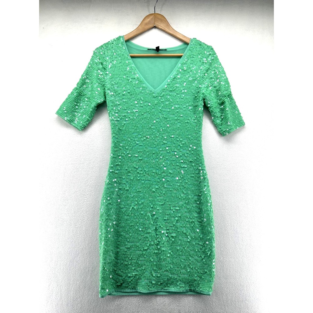 BCBGMAXAZRIA Dress Womens Small Green Sequin V Neck Bodycon Mini Party Cocktail